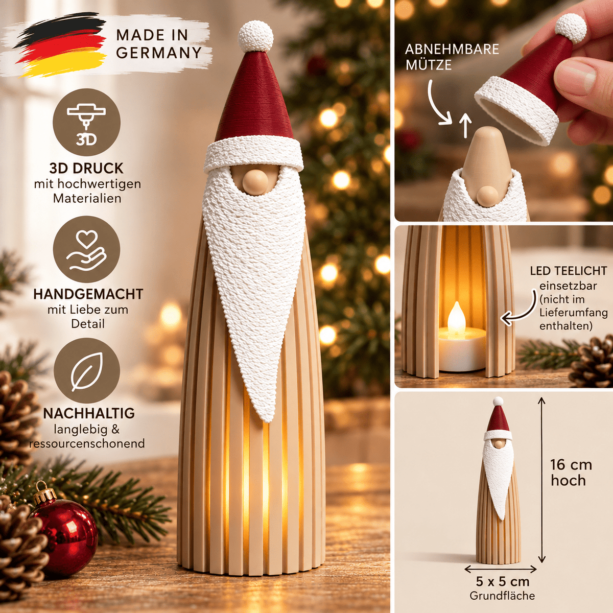 3D-gedruckter Weihnachtsmann als Weihnachtslaterne – mit abnehmbarer Mütze - afHandmade
