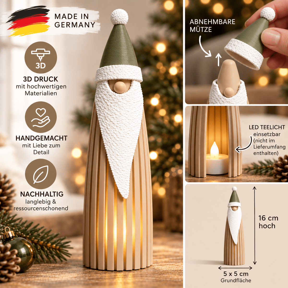 3D-gedruckter Weihnachtsmann als Weihnachtslaterne – mit abnehmbarer Mütze - afHandmade