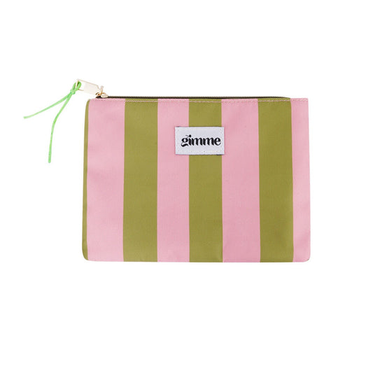 Flacher Gimme Kulturbeutel mit breiten Streifen in Grün & Rosa – Kosmetiktasche 21,5 x 15 cm