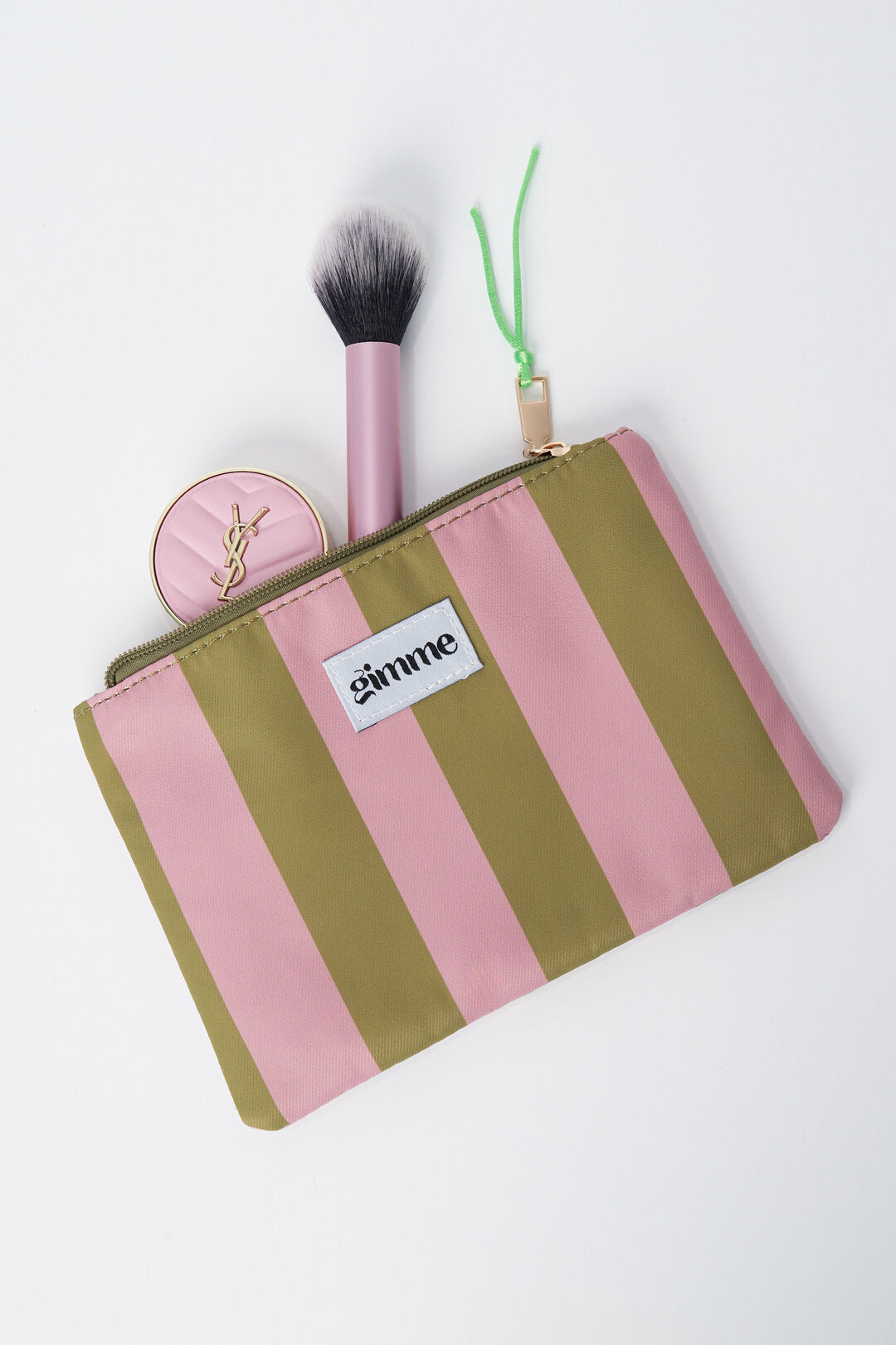 Flacher Gimme Kulturbeutel mit breiten Streifen in Grün & Rosa – Kosmetiktasche 21,5 x 15 cm