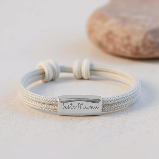 Beste Mama Segeltauarmband für Damen in hellem Beige mit Gravurplatte, personalisierbar