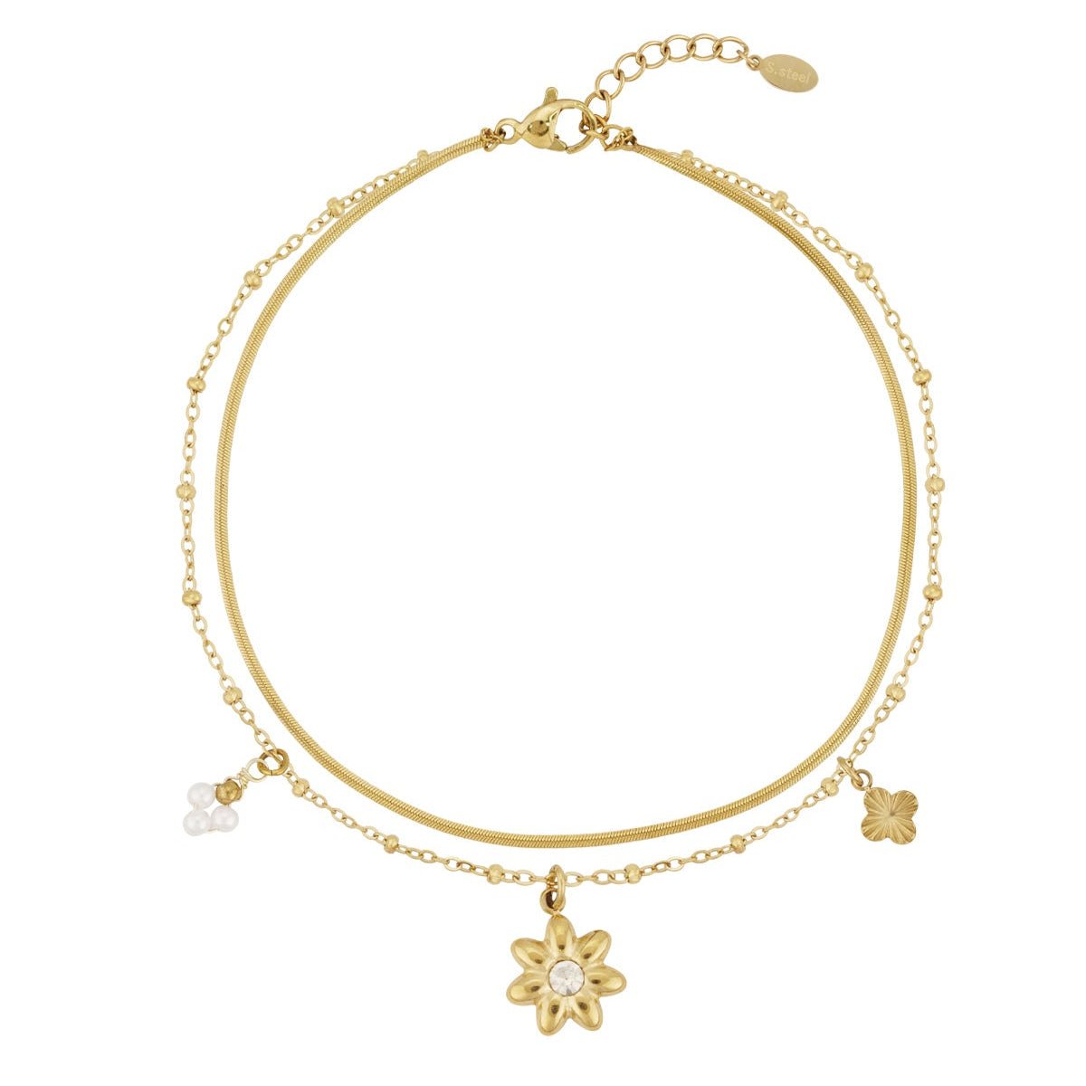 Doppeltes filigranes Fußkettchen mit Blumenanhänger – Edelstahl verstellbar - afHandmade