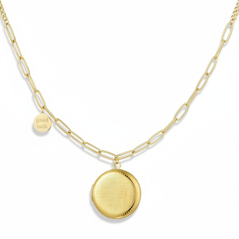 Edelstahl - Gliederkette mit runder Münze & Glücks - Medaillon - afHandmade