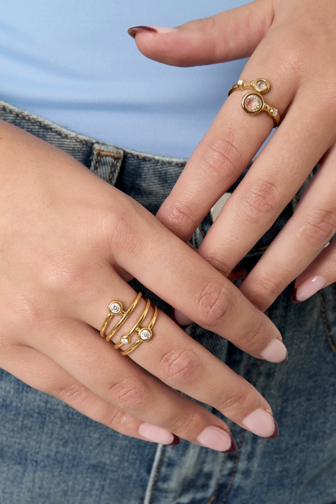 Mehrreihiger Edelstahl Ring mit drei Steinchen – verstellbar & wasserfest Damenring - afHandmade