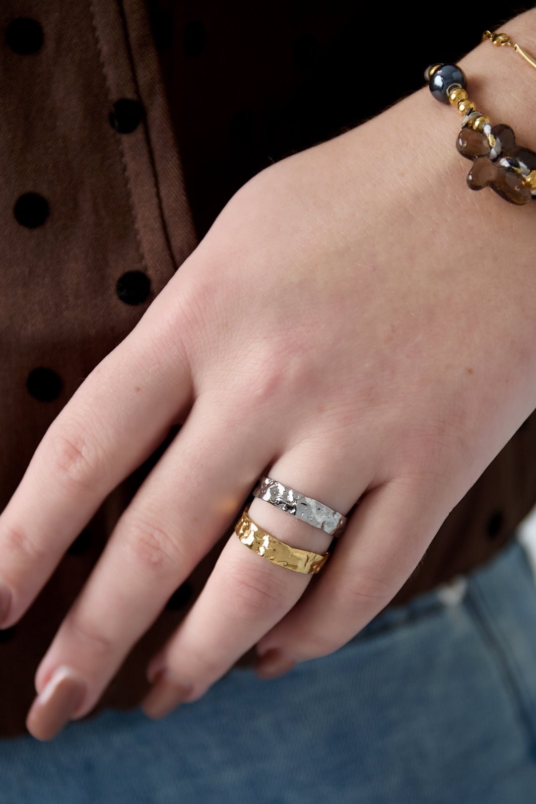 Zweireihiger Edelstahl Ring Damen – gehämmertes Design, verstellbar & wasserfest - afHandmade